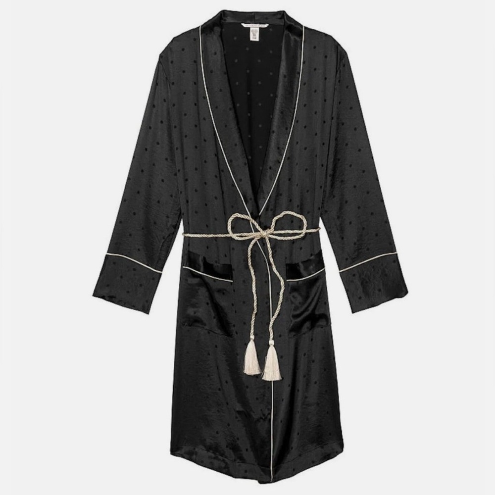 Victoria's Secret Tassel-Tie Satin Robe Pure Black Polka Dot Large